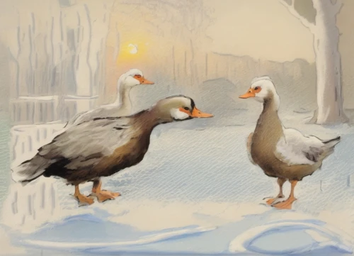winter chickens,greylag geese,a pair of geese,geese,arctic birds,wild geese,snow goose,goslings,canada geese,greylag goose,bath ducks,st martin's day goose,fry ducks,bird painting,winter animals,herring gulls,wild ducks,snow scene,waterfowl,ornamental duck,Common,Common,Natural