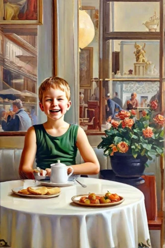 girl with bread-and-butter,girl with cereal bowl,girl in the kitchen,child portrait,woman eating apple,child with a book,woman holding pie,cream tea,italian painter,oil painting,partiture,tearoom,child is sitting,waiter,vintage art,chinaware,child's frame,dining table,viennese cuisine,breakfast room