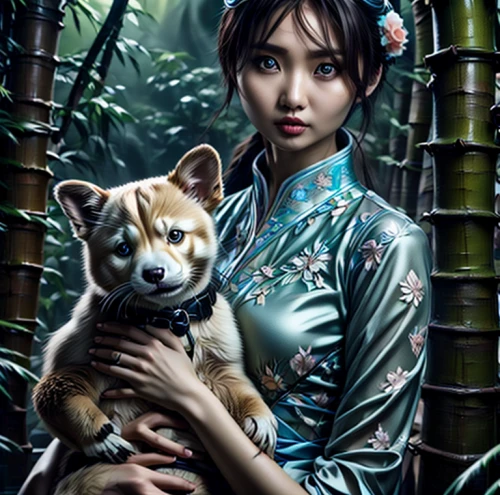 girl with dog,oriental painting,chinese art,oriental princess,oriental girl,world digital painting,japanese art,fantasy portrait,geisha girl,geisha,oriental,japanese woman,asian woman,kitsune,chinese pastoral cat,chinese style,asian culture,calico cat,digital painting,romantic portrait