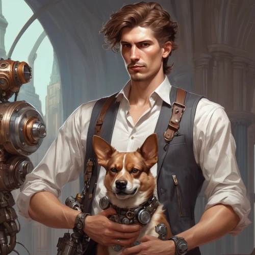 steampunk,boy and dog,companion dog,watchmaker,fantasy portrait,veterinarian,gentleman icons,clockmaker,merchant,mechanic,apothecary,posavac hound,engineer,craftsman,beaglier,the wanderer,steampunk gears,game illustration,artist portrait,collie,Conceptual Art,Fantasy,Fantasy 01