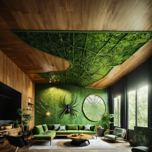 green living,tree house,intensely green hornbeam wallpaper,interior modern design,interior design,modern decor,bamboo curtain,houseplant,room divider,tree house hotel,house in the forest,garden design sydney,green forest,interior decoration,eco-construction,grass roof,patterned wood decoration,wood window,concrete ceiling,contemporary decor