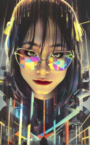 cyber glasses,cyberpunk,cyberspace,cyber,fuki,anime 3d,cybernetics,augmented,transistor,prism,metaverse,noodle image,clamp,digiart,virtual,computer art,mari makinami,bjork,color glasses,vector girl