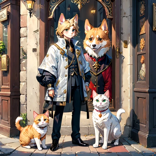 violet evergarden,imperial coat,corgis,cat family,cat's cafe,long coat,shiba,three dogs,shiba inu,cat european,two cats,foxes,german shepards,dog and cat,kitsune,welschcorgi,cat lovers,officers,corgi,winter clothing,Anime,Anime,General