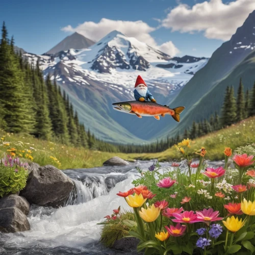 gnome skiing,flying dandelions,fantasy picture,hummingbirds,flower and bird illustration,flying duck orchid,fairies aloft,elves flight,the spirit of the mountains,landscape background,humming birds,springtime background,alpine meadow,salt meadow landscape,a flying dolphin in air,mountain scene,humming bird,world digital painting,whimsical animals,cartoon video game background,Photography,Documentary Photography,Documentary Photography 26