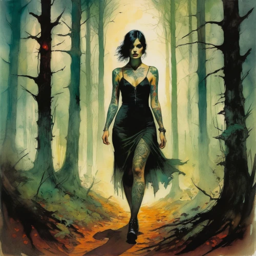the enchantress,dryad,sorceress,ballerina in the woods,croft,huntress,gothic woman,goth woman,vampira,fantasy woman,woman walking,in the forest,faerie,vampire woman,forest walk,transistor,forest dark,katniss,girl with tree,devilwood,Illustration,Paper based,Paper Based 12