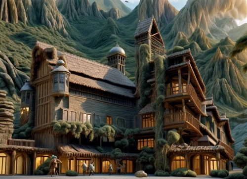 mountain settlement,house in mountains,alpine village,house in the mountains,fairy tale castle,mountain village,aurora village,escher village,fantasy landscape,knight village,3d fantasy,dragon palace hotel,elves flight,fantasy picture,wooden houses,fairytale castle,house in the forest,fantasy city,many glacier hotel,log home