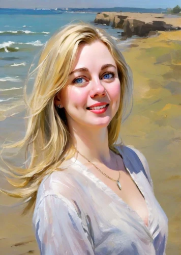 oil painting,beach background,girl on the dune,the blonde in the river,photo painting,blonde woman,girl on the river,romantic portrait,world digital painting,oil painting on canvas,young woman,girl portrait,artist portrait,portrait background,portrait of a girl,art painting,by the sea,painting technique,digital painting,the girl's face