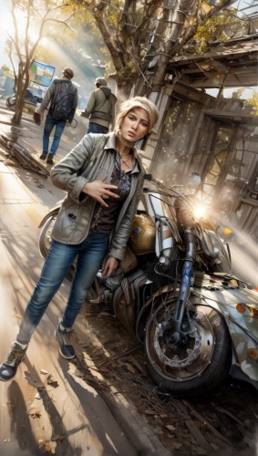 motorbike,motorcycles,motorcycle,sci fiction illustration,thewalkingdead,motorcyclist,motorcycling,biker,digital compositing,cg artwork,world digital painting,game illustration,post apocalyptic,clementine,newt,motorcycle tour,walking dead,the walking dead,bikes,walkers