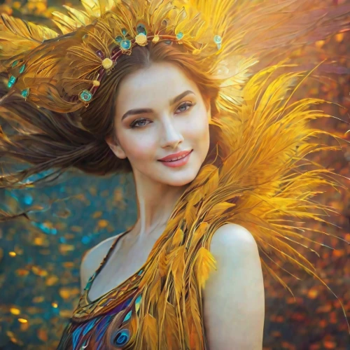 faery,faerie,feather headdress,fantasy portrait,fairy queen,fairy peacock,flower fairy,firebird,fantasy art,celtic woman,beautiful girl with flowers,fantasy picture,headdress,tiger lily,fairy,golden flowers,mystical portrait of a girl,golden autumn,beautiful bonnet,ukrainian,Photography,General,Fantasy