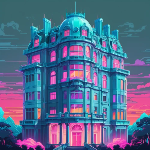 apartment building,apartment house,apartment block,hotel riviera,grand hotel,apartments,real-estate,palace,80's design,an apartment,sky apartment,pink city,hotel,mansion,house silhouette,apartment complex,tropical house,motel,retro styled,colorful city,Conceptual Art,Sci-Fi,Sci-Fi 28