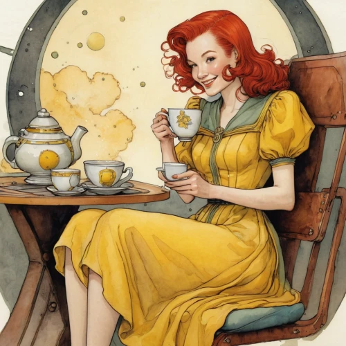 watercolor pin up,woman drinking coffee,goldenrod tea,coffee tea illustration,ginger tea,tea party,tea drinking,tea time,camomile tea,teatime,camomile,valentine pin up,vintage illustration,tearoom,afternoon tea,retro pin up girl,chamomile,tea and books,jasmine tea,lucky tea,Illustration,Paper based,Paper Based 29