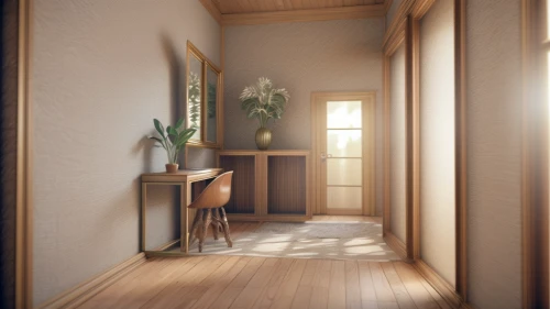 japanese-style room,hallway space,3d rendering,wooden mockup,3d render,3d rendered,render,wooden door,hallway,danish room,bedroom,apartment,room divider,modern room,an apartment,daylighting,wooden windows,visual effect lighting,guest room,ryokan