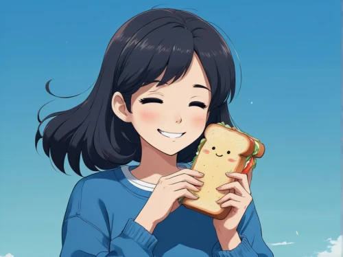 girl with bread-and-butter,holding a coconut,sesame bun,little bread,tempura,bento,himuto,bread,sandwich,tsumugi kotobuki k-on,woman eating apple,pandesal,cookie,euphonium,milk toast,azusa nakano k-on,malasada,toast,bread time,cutout cookie,Illustration,Japanese style,Japanese Style 07