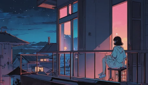 rooftops,evening atmosphere,nighttime,rooftop,in the evening,fireflies,summer evening,atmosphere,city lights,night scene,nightlight,lonely house,on the roof,night light,nightsky,roofs,night sky,nightscape,balcony,citylights,Illustration,Japanese style,Japanese Style 06