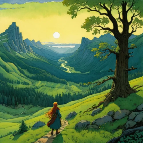 mountain scene,jrr tolkien,forest landscape,mountain landscape,high landscape,salt meadow landscape,mountainous landscape,landscape background,the spirit of the mountains,the wanderer,druid grove,alpine crossing,landscape,yellow mountains,background image,mountain meadow,idyll,the landscape of the mountains,studio ghibli,mountain sunrise,Illustration,Realistic Fantasy,Realistic Fantasy 04