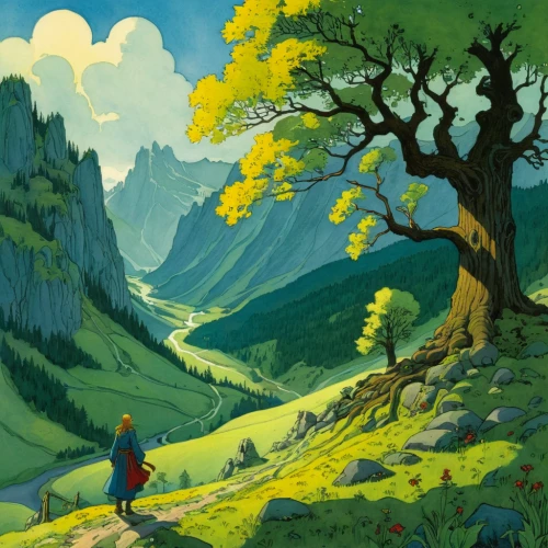 mountain scene,jrr tolkien,larch forests,yellow mountains,travel poster,mountain landscape,larch trees,autumn mountains,forest landscape,alpine route,valley,high landscape,alpine crossing,mountainous landscape,hikers,valais,the spirit of the mountains,exmoor,mountain valley,hiker,Illustration,Realistic Fantasy,Realistic Fantasy 04