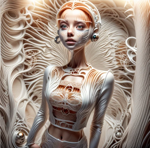 sci fiction illustration,biomechanical,dryad,humanoid,fractals art,mandelbulb,cybernetics,white lady,fractal design,fantasy art,fantasy portrait,the enchantress,albino,white silk,symbiotic,medusa,ivory,sci fi,andromeda,filigree