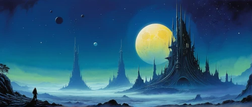 futuristic landscape,lunar landscape,alien planet,alien world,fantasy landscape,fantasy world,fantasy city,ice planet,fantasia,dream world,fantasy picture,heroic fantasy,arcanum,phase of the moon,starscape,federation,atlantis,space port,aurora village,moonscape,Illustration,Realistic Fantasy,Realistic Fantasy 04