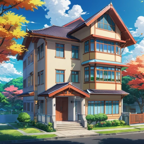 house painting,apartment house,beautiful home,tsumugi kotobuki k-on,sky apartment,home landscape,autumn scenery,one autumn afternoon,residential,residential house,studio ghibli,modern house,two story house,wooden house,private house,houses clipart,autumn background,autumn sky,house,small house,Illustration,Japanese style,Japanese Style 03
