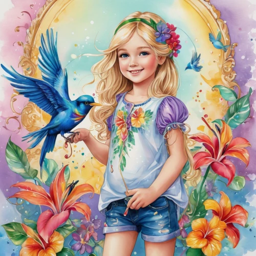 flower and bird illustration,blue birds and blossom,children's background,child fairy,little girl fairy,girl in flowers,floral and bird frame,flower fairy,flower painting,dove of peace,kids illustration,blue bird,faery,faerie,little angels,flower background,fairies aloft,peace dove,fairy,fairy world,Conceptual Art,Fantasy,Fantasy 24