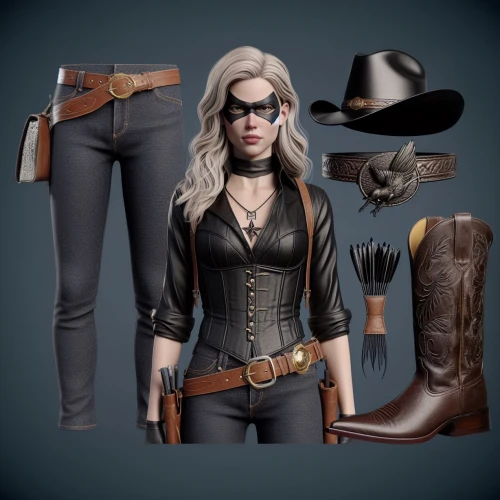 women's boots,riding boot,huntress,leather boots,holster,arrow set,nancy crossbows,leather hat,gunfighter,gun holster,women's clothing,leather texture,ladies clothes,gunsmith,equestrian,steampunk,collected game assets,women clothes,sheriff,cowgirl