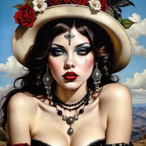 queen of hearts,fantasy art,desert rose,the hat of the woman,black hat,gothic portrait,pin ups,fantasy portrait,vintage woman,widow flower,painted lady,desert flower,valentine pin up,valentine day's pin up,headdress,gypsy soul,fantasy woman,comely,beautiful bonnet,la catrina,Illustration,Realistic Fantasy,Realistic Fantasy 10