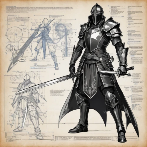 knight armor,crusader,templar,massively multiplayer online role-playing game,knight,armored,iron mask hero,paladin,alaunt,longbow,armor,concept art,sterntaler,heroic fantasy,dane axe,wireframe graphics,assassin,heavy armour,male character,swordsman,Unique,Design,Blueprint