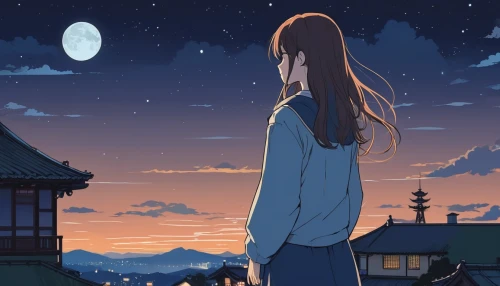 night sky,clear night,tsumugi kotobuki k-on,the night sky,starry sky,moonlit night,the moon and the stars,nightsky,violet evergarden,on the roof,moon and star,moon night,moon and star background,moonlight,in the evening,stars and moon,stargazing,moonlit,moonrise,dusk background,Illustration,Japanese style,Japanese Style 06