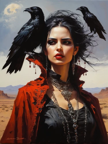 gothic woman,gothic portrait,crow queen,murder of crows,black crow,raven girl,black raven,raven bird,corvidae,dark angel,crows,falconer,raven,birds of prey,goth woman,birds of prey-night,corvus,fantasy art,vampire woman,sorceress,Conceptual Art,Oil color,Oil Color 06
