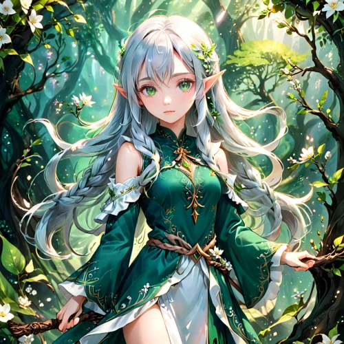 dryad,lily of the field,forest clover,fae,forest background,lilly of the valley,rusalka,faerie,emerald,elven,green aurora,flora,fairy tale character,hatsune miku,elf,garden fairy,elven forest,aurora,lily of the valley,fairy queen,Anime,Anime,General