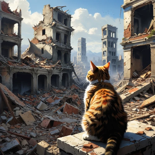 catastrophe,destroyed city,rescue alley,cat european,fallout4,toyger,street cat,cat warrior,post-apocalypse,post apocalyptic,cat,stray cat,cat image,post-apocalyptic landscape,abandoned,tabby cat,apocalyptic,abandon,cat supply,red tabby,Conceptual Art,Daily,Daily 01