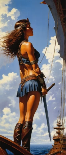 wind warrior,seafaring,warrior woman,windjammer,sailer,female warrior,the sea maid,sea fantasy,heroic fantasy,galleon,brown sailor,east indiaman,barquentine,sails,sail ship,scarlet sail,the wind from the sea,mariner,bow and arrows,sea hawk,Illustration,American Style,American Style 07