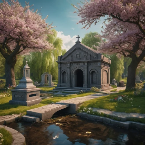 mausoleum ruins,japanese sakura background,mortuary temple,spring background,mausoleum,resting place,springtime background,cemetary,sakura background,burial ground,place of pilgrimage,wishing well,magnolia cemetery,sepulchre,shrine,forest chapel,necropolis,old graveyard,forest cemetery,cemetery,Photography,General,Fantasy