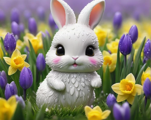 bunny on flower,easter background,spring background,springtime background,flower background,easter bunny,easter theme,white bunny,easter rabbits,bunny,little bunny,happy easter hunt,happy easter,floral background,easter-colors,tulip background,crocuss,cottontail,easter decoration,easter card,Conceptual Art,Fantasy,Fantasy 03