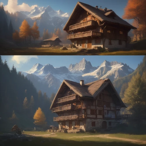 house in mountains,house in the mountains,alpine village,wooden houses,mountain huts,mountain settlement,swiss house,chalet,autumn mountains,mountain hut,digital compositing,house painting,wooden house,half-timbered houses,chalets,world digital painting,alpine hut,half-timbered house,mountain village,log home,Conceptual Art,Fantasy,Fantasy 01