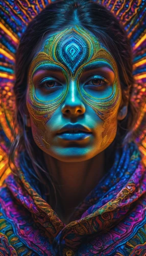 shamanic,neon body painting,shamanism,psychedelic art,pachamama,shaman,aura,third eye,tribal,multicolor faces,peacock eye,psychedelic,kundalini,mandala framework,indian woman,earth chakra,kaleidoscope art,mystical portrait of a girl,peacock,chakra