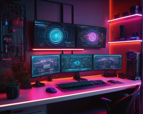 computer room,computer desk,monitor wall,desk,computer workstation,game room,working space,setup,work space,3d background,workspace,colored lights,modern room,monitors,modern office,workstation,neon,aesthetic,the server room,cable management,Photography,General,Sci-Fi