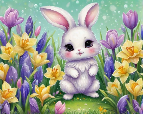 bunny on flower,easter background,springtime background,spring background,flower background,white bunny,easter rabbits,easter bunny,little bunny,easter card,colored pencil background,easter theme,bunny,tulip background,spring greeting,cottontail,floral background,flower painting,little rabbit,happy easter hunt,Illustration,Abstract Fantasy,Abstract Fantasy 11