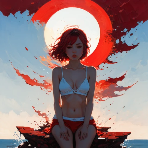 red sun,red summer,lifeguard,siren,transistor,tide,ocean,rising sun,sun and sea,sol,root chakra,sea,scarlet sail,han thom,light red,red sky,crimson,the sea maid,poppy red,rose white and red,Illustration,Paper based,Paper Based 19