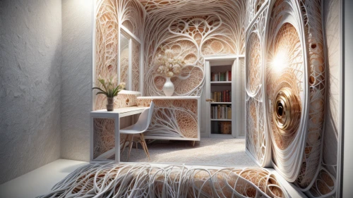 room divider,ornate room,mandelbulb,interior design,art nouveau design,3d rendering,interior decoration,ice hotel,metallic door,wall plaster,armoire,bookshelves,structural plaster,interiors,art nouveau,circular staircase,3d fantasy,hallway space,ornamental dividers,marble palace