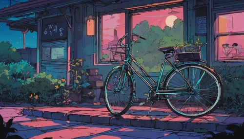 bicycle,parked bike,bike,summer evening,convenience store,bicycle lighting,bicycle ride,evening atmosphere,biking,bike ride,old bike,bikes,bicycles,coffee shop,flower shop,in the evening,city bike,ice cream shop,grocery,digital painting,Illustration,Japanese style,Japanese Style 06