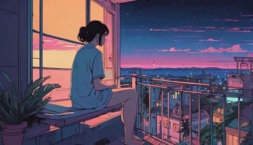 windowsill,window sill,summer evening,rooftop,rooftops,bedroom window,balcony,evening atmosphere,sky apartment,paris balcony,in the evening,nighttime,window,atmosphere,city lights,on the roof,sunset,daydream,daybreak,tranquil,Illustration,Japanese style,Japanese Style 06