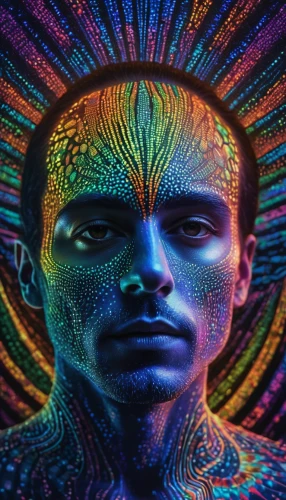 neon body painting,psychedelic art,peacock,uv,chakra,aura,avatar,pachamama,acid,third eye,tribal,psychedelic,shaman,dimensional,multicolor faces,lsd,prismatic,shamanic,prism,digiart