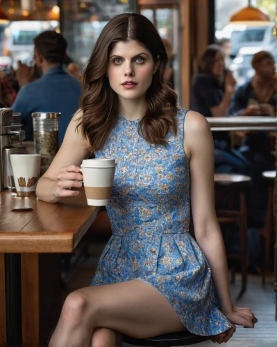woman at cafe,blue dress,woman drinking coffee,barista,cocktail dress,waitress,polka dot dress,a girl in a dress,blue coffee cups,vintage dress,cappuccino,girl with cereal bowl,women at cafe,floral dress,parisian coffee,nice dress,the coffee shop,coffee shop,retro woman,day dress,Photography,General,Natural