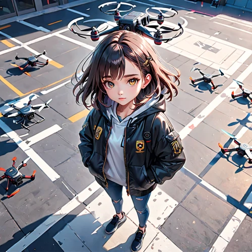 drone pilot,helipad,mavic 2,on the ground,dji,above the city,vector girl,drone,dji spark,game illustration,drone operator,crosswalk,bird's eye view,game art,sakura background,drone shot,helicopter pilot,tokyo,nico,drone image,Anime,Anime,General