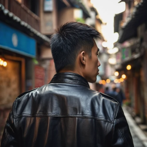 leather jacket,pompadour,rockabilly style,pomade,semi-profile,leather,asian semi-longhair,mohawk hairstyle,half profile,street photography,bolero jacket,leather texture,chinese background,alleyway,rockabilly,back of head,background bokeh,city ​​portrait,profile,black leather,Photography,General,Commercial