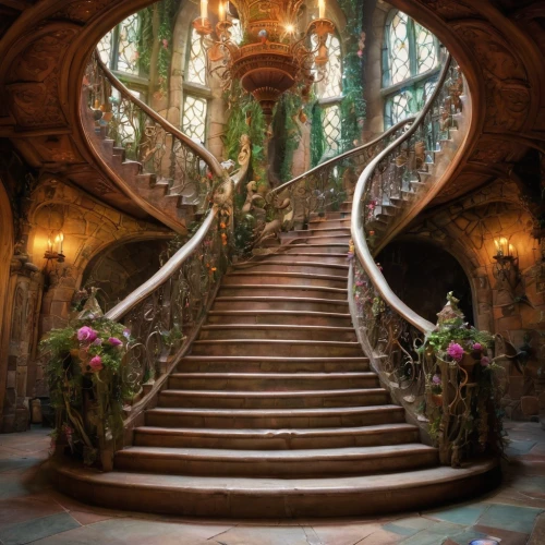 winding staircase,circular staircase,spiral staircase,staircase,outside staircase,fairy tale castle,art nouveau,fairytale castle,stone stairway,stairway,art nouveau design,winding steps,a fairy tale,fairy tale,stair,stone stairs,stairwell,enchanted forest,spiral stairs,the threshold of the house,Illustration,Realistic Fantasy,Realistic Fantasy 02