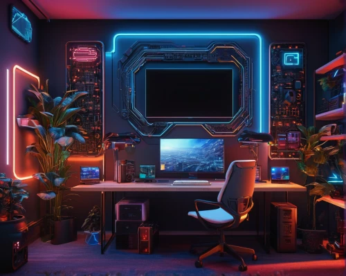 computer room,ufo interior,creative office,modern office,working space,game room,study room,computer desk,offices,computer workstation,3d render,playing room,workspace,cyberspace,the server room,work space,cinema 4d,cyberpunk,neon human resources,computer art,Photography,General,Sci-Fi