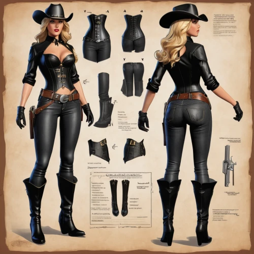 leather hat,leather texture,police uniforms,riding boot,women's boots,handgun holster,leather boots,cowboy bone,women's clothing,cowgirl,ladies clothes,costume design,gunfighter,cowgirls,gun holster,women clothes,black leather,leather,holster,massively multiplayer online role-playing game,Unique,Design,Character Design