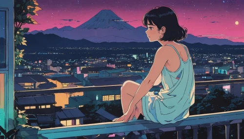 studio ghibli,dream world,shirakami-sanchi,stargazing,overlook,starlight,summer evening,rooftop,night-blooming jasmine,rooftops,starry sky,fantasia,scenery,dreamy,jasmine,jasmine blue,longing,atmosphere,芦ﾉ湖,dreaming,Illustration,Japanese style,Japanese Style 06